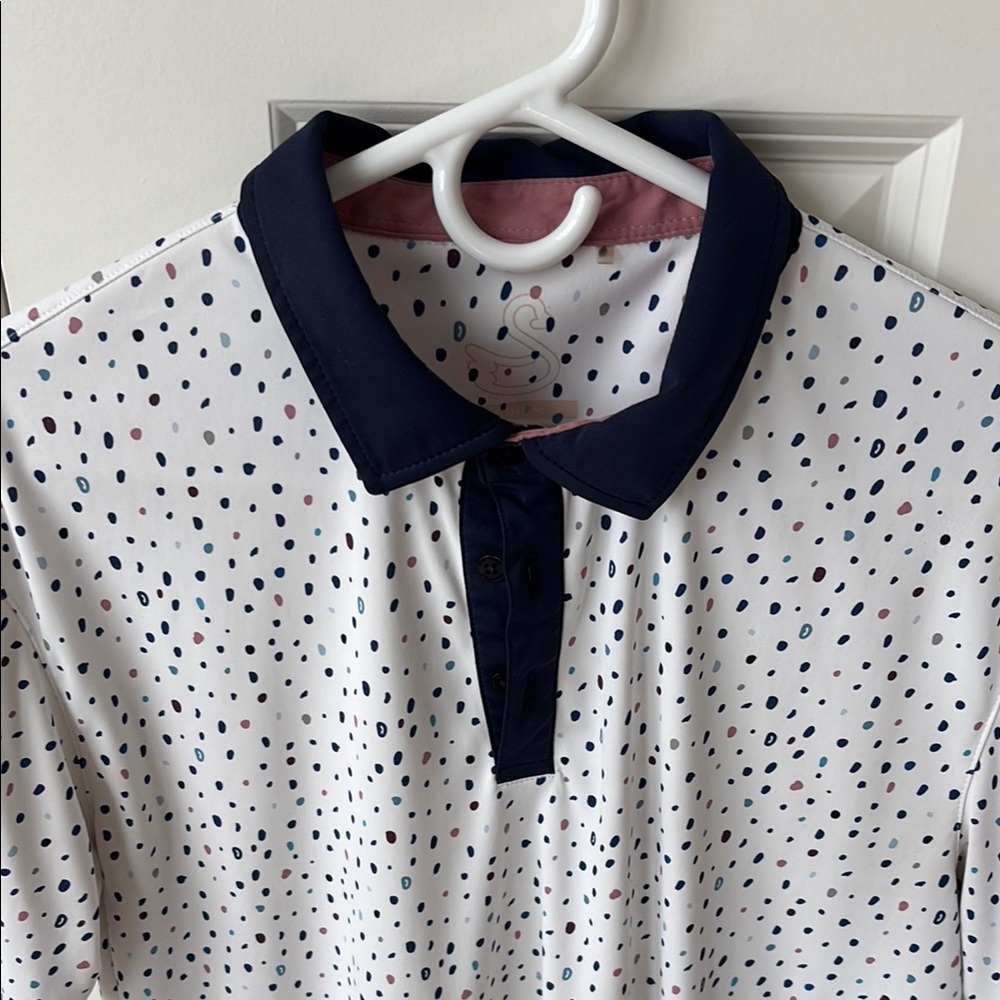 Swannies White Polka Dot Polo Shirt with Navy Collar